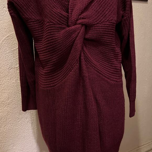 Burgandy Ribbed Long Sleeve V-neck Twist Knot Tunic Mini Sweater Dress Size S - Picture 4 of 9